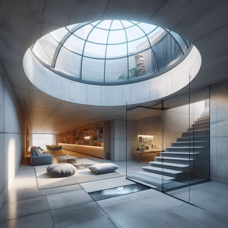 Underground residence interior with round skylight