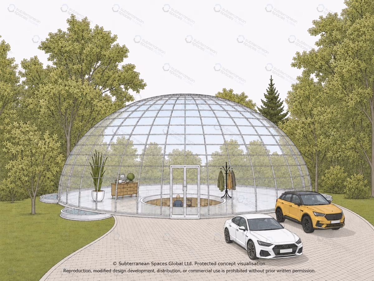 Underground climate-protected residence with glass dome